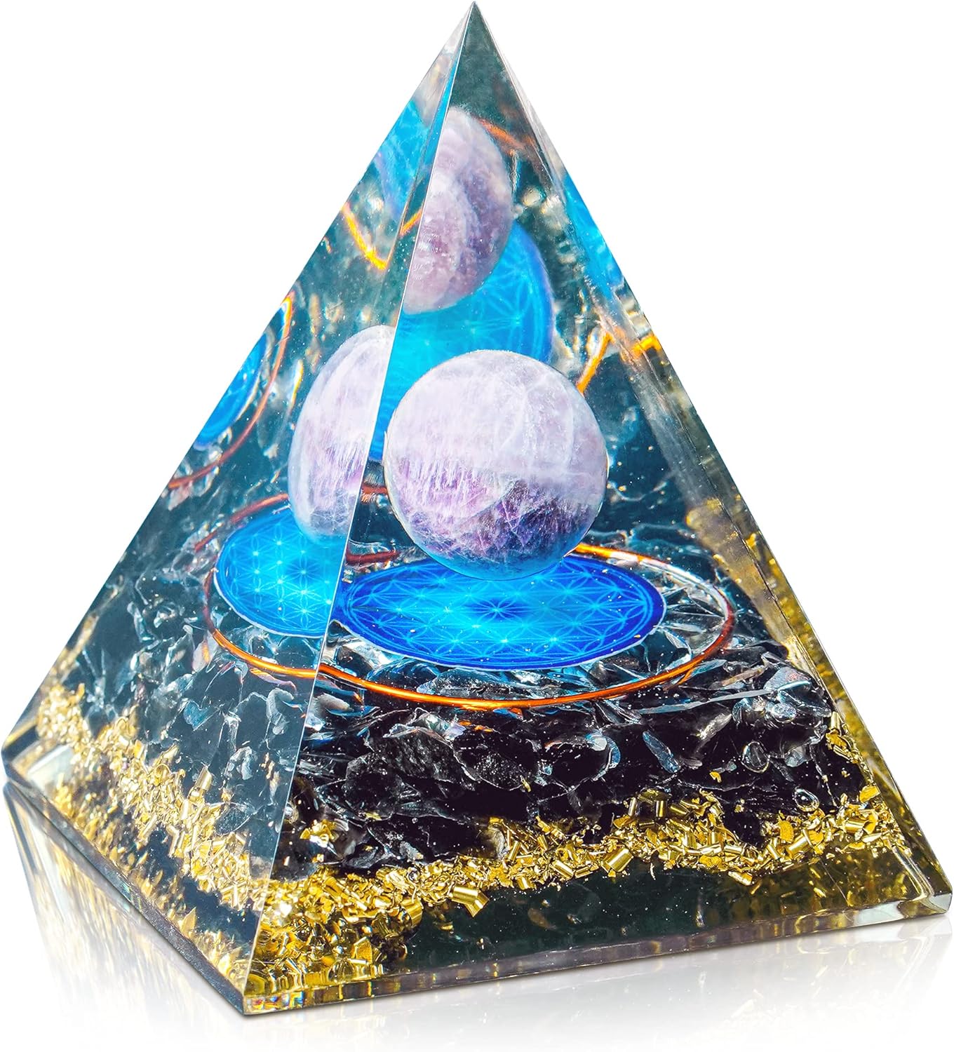 Mixed Media - Orgone Pyramid Large for Positive Energy - Amethyst Crystal Sphere Flower of Life Symbol Orgonite Healing Crystal - Meditation Aids Sleep Crystal Energy Generator to Attract Wealth and Wisdom