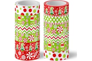 Whaline 12 Rolls Christmas Washi Tape Masking Tape Set Red Green Peppermint Candy Tree Stripe Dots Decorative Wrapping Paper 