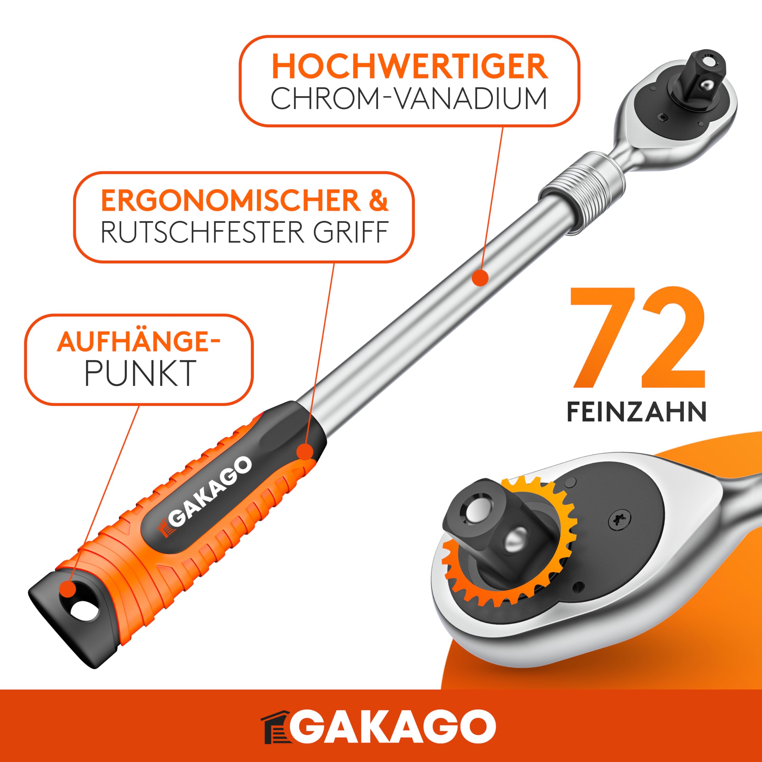 Gakago Teleskop-Ratsche 1/2 Zoll bis zu 60cm - Extra lange umschaltbare Knarre mit ergonomischen Griff - Überlegende Kraft mit über 615 Nm und präzisen 72 Feinzahn Getriebe 4