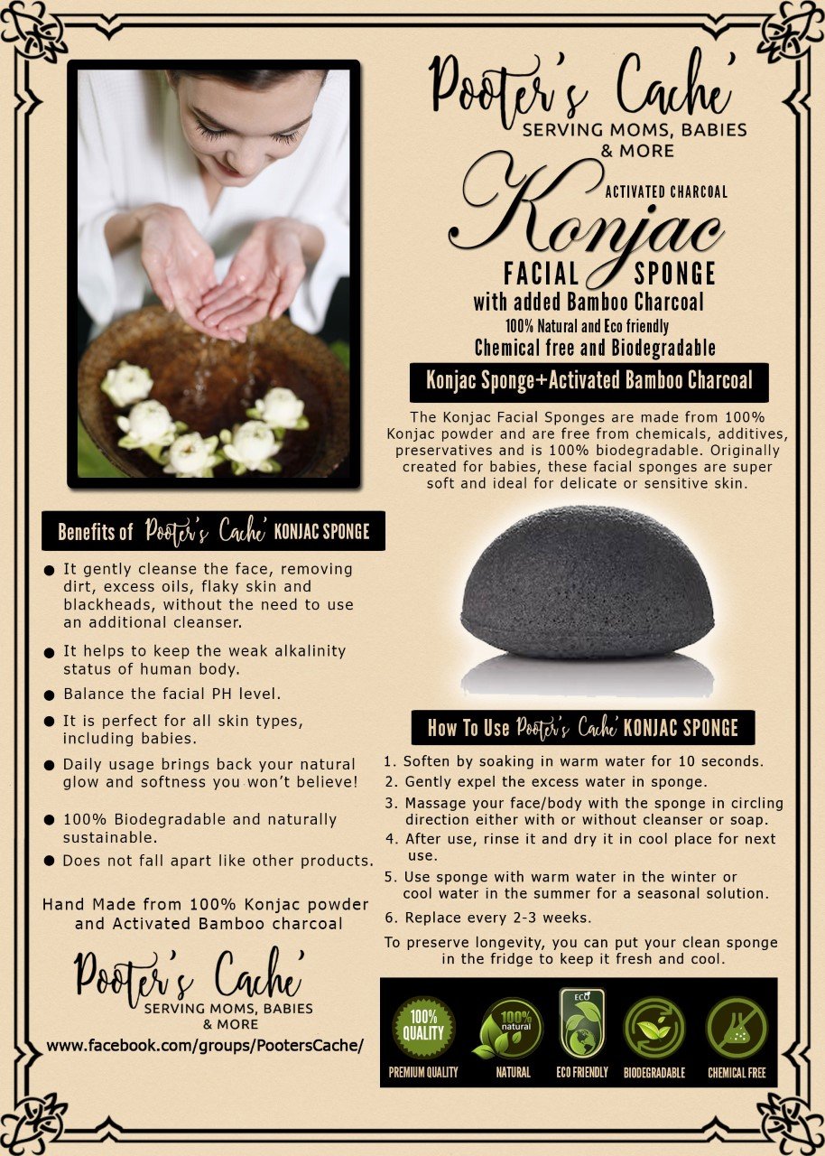 KONJAC SPONGE - All Natural Activated Charcoal with Added Bamboo Charcoal