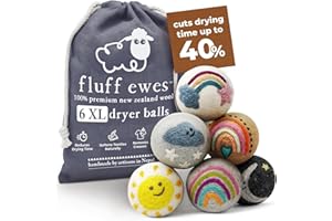 Hustle & Blush Fluff Ewes Wool Dryer Balls 6 Pack - XL Rainbow or Shine Premium New Zealand Laundry Set, Reduces Drying Time, Static Control, Chemical Free, Ideal Holiday Gifts for Women & Men