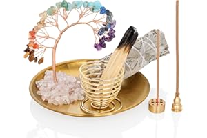 ZenBless 7 Chakra Healing Crystal Tree Incense Holder Palo Santo Sage Burner Brass Ash Catcher for Incense Sticks Coil Cones Yoga Meditation Zen Spiritual Room Home Decoration (Round)