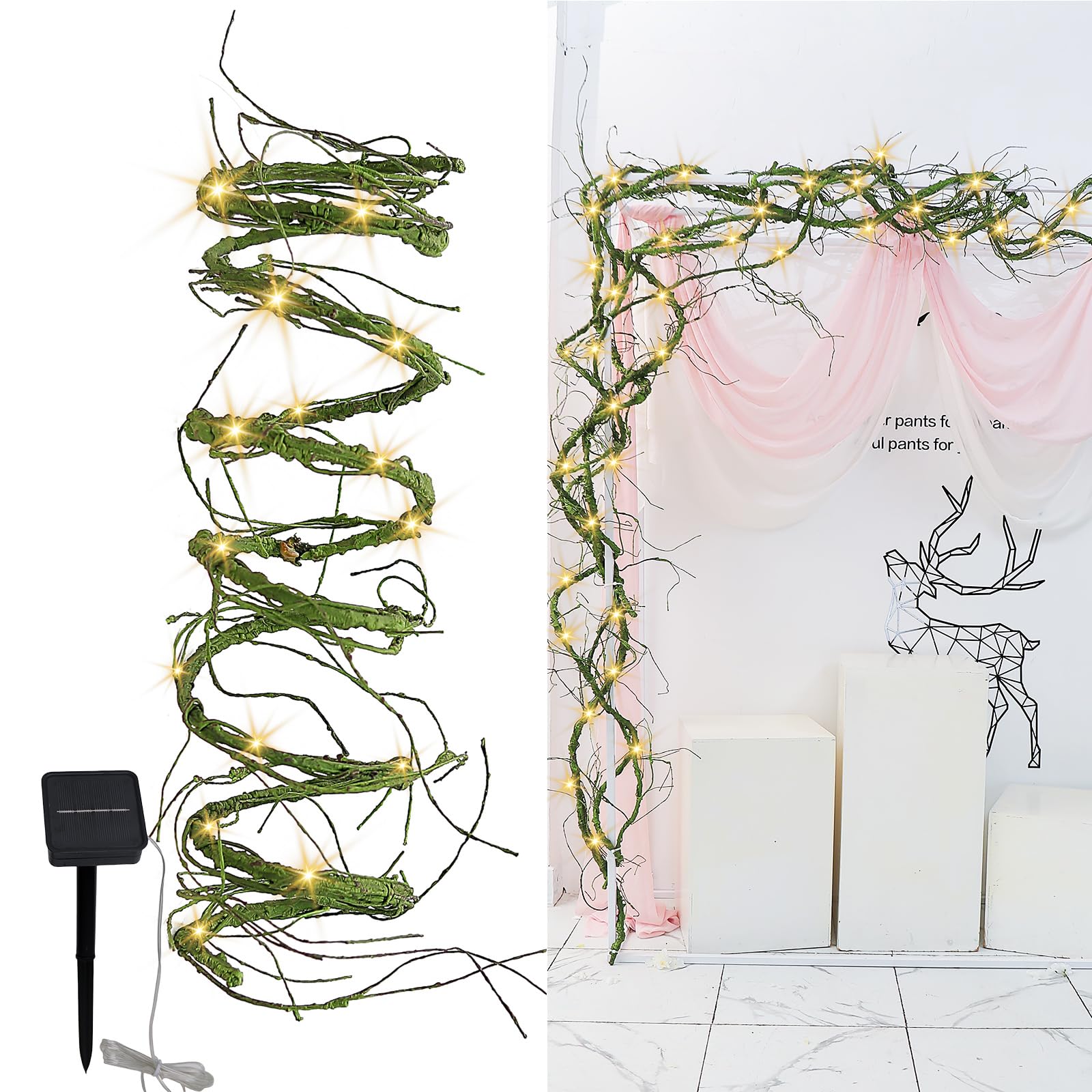 Photo 1 of 118inch Long Grapevine Garland With Solar String Lights Bendable Fake Tree Branches For Decoration Artificial Tree Twigs Wall Room Hanging Garden Fence Patio Yard Wedding Decorating (Green, Small)