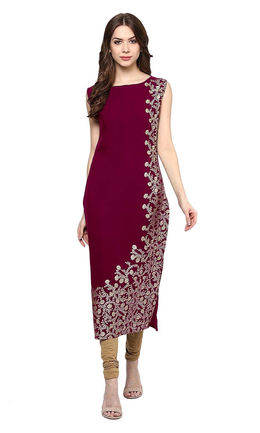 ziyaa women's pink color floral print straight crepe kurta