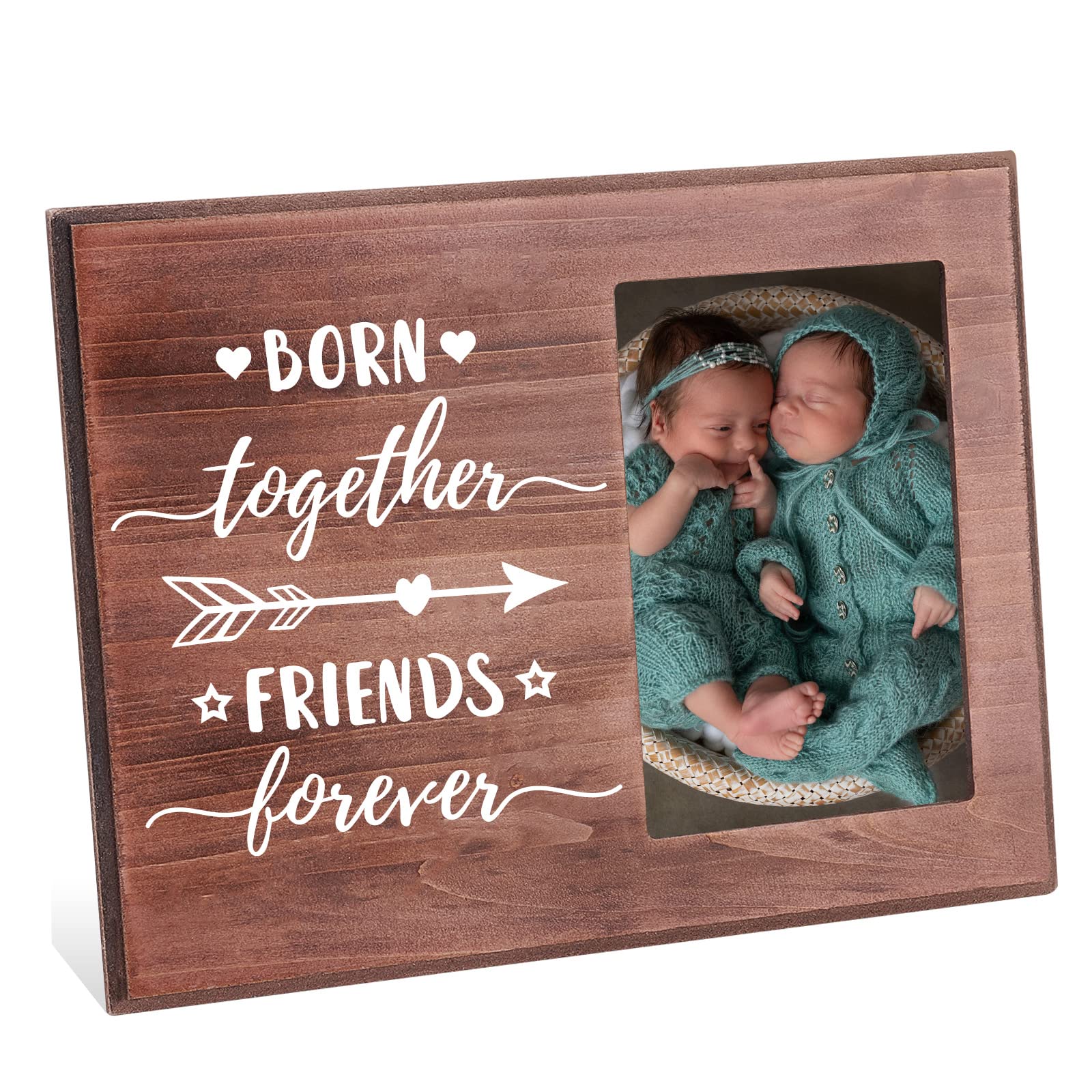 FINGERINSPIRE Born Together Friends Forever Picture Frame 10x15cm Twin Baby Photo Frame with Heart & Arrow Patterns Hanging/Tabletop Wooden Picture Frame Twin Gift Frame for New Baby Nursery Decor — image 1