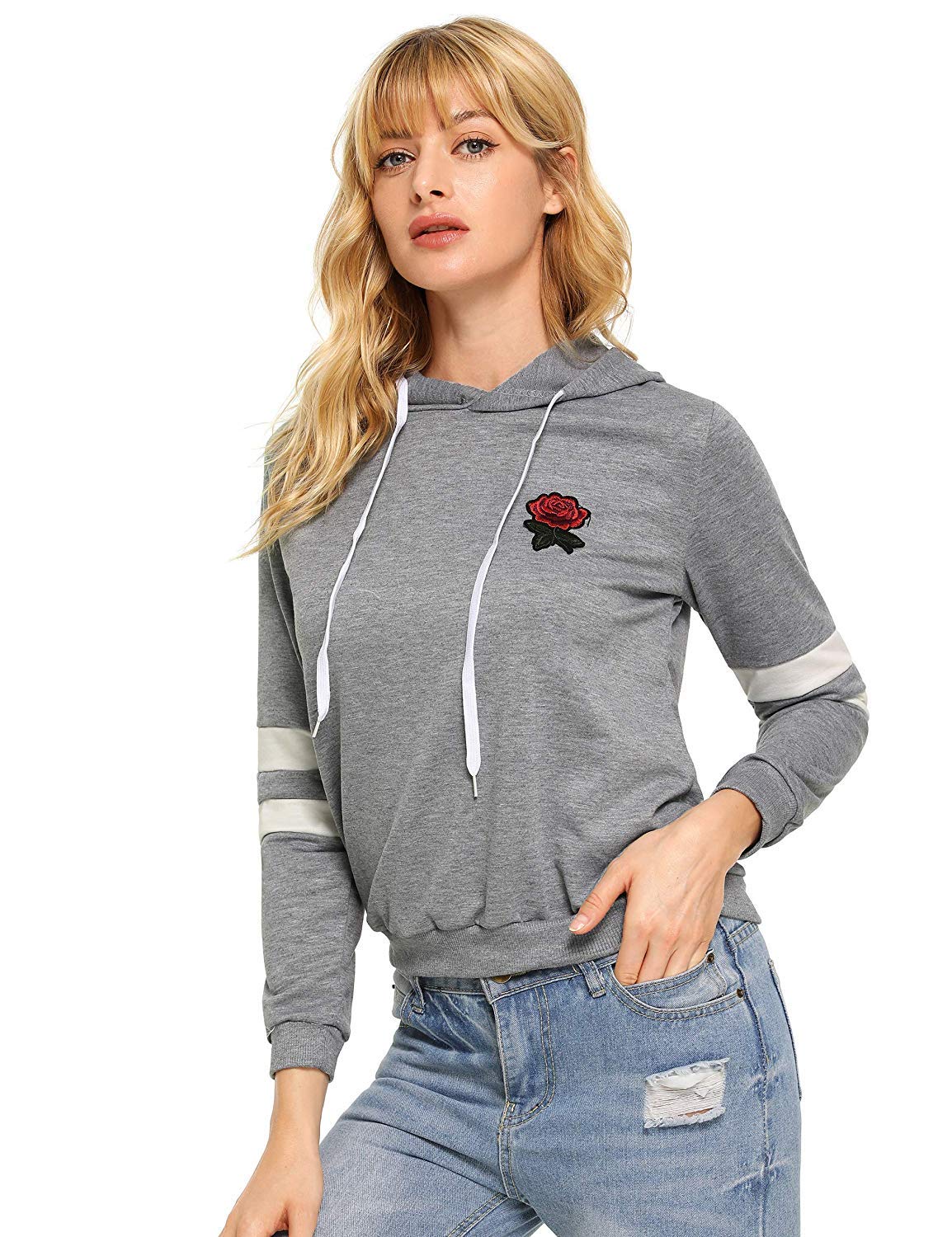 rose patch stripe sleeve hoodie