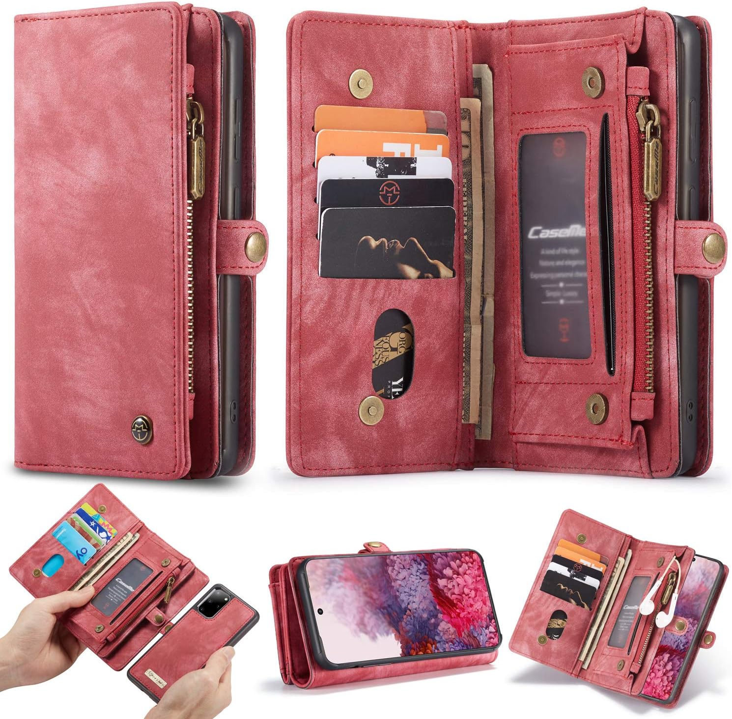 ANROD Detachable Leather Wallet Case for Samsung Galaxy S20 Plus,CaseMe Magnetic Closure 2-in-1 Flip TPU Shockproof Zipper Purse Back Cover with Card Slots (Red)