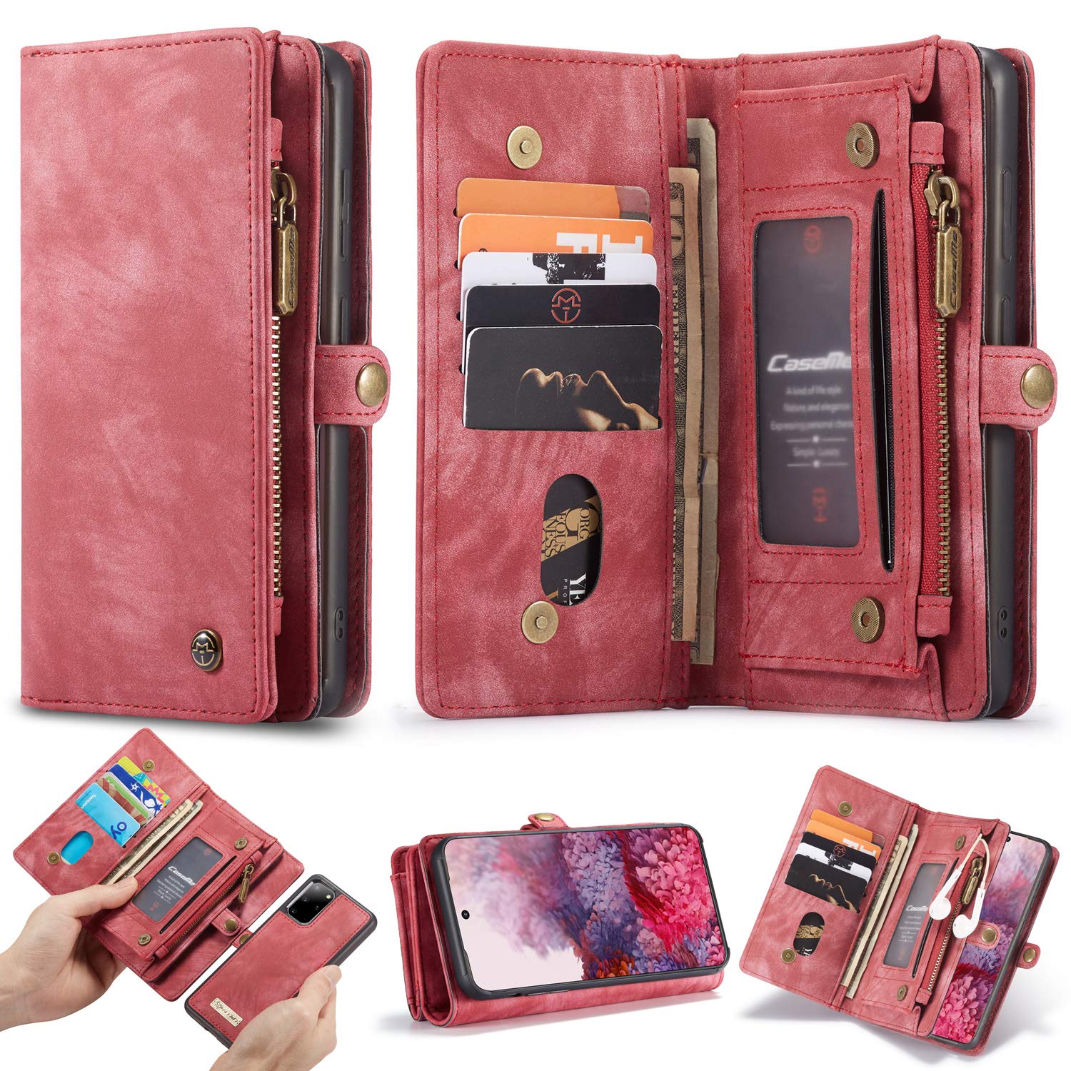 ANROD Detachable Leather Wallet Case for Samsung Galaxy S20 Plus,CaseMe Magnetic Closure 2-in-1 Flip TPU Shockproof Zipper Purse Back Cover with Card Slots (Red)