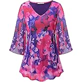 Bebonnie Womens Ruffle 3/4 Sleeve V Neck Double Layers Mesh Blouses Loose Fit Flowy Tunic Tops