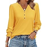 Uhiger Womens Tunic Tops Dressy Casual Long Sleeve Henley V Neck Shirts for Women Button Up Blouse