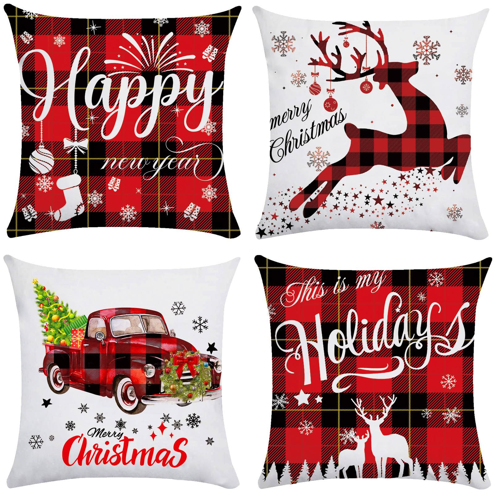 Xyxu Christmas Cushion Covers Set Of 4, Christmas Decorations Indoor Happy Holidays Xmas Pillow Cases Covers, Red Tartan Soft Plush Winter Xmas Design Cushion Covers 45 x 45 cm for Sofa Decor