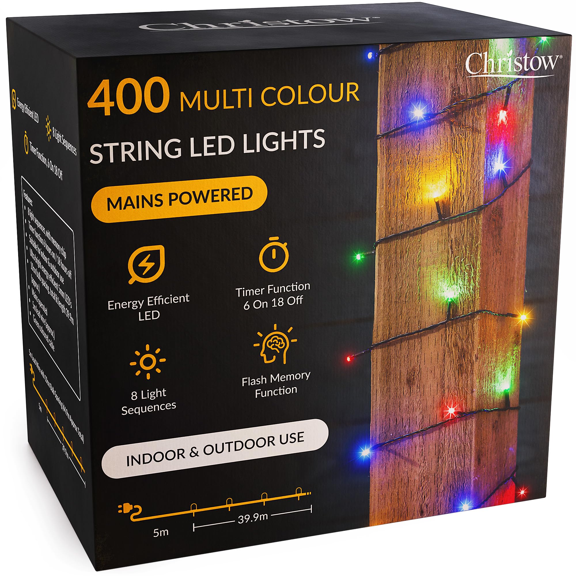 CHRISTOW Christmas Fairy Lights, Multi-Coloured LED String Lighting with Timer, Indoor & Outdoor, Tree Lights, Mains Operated, 8 Light Modes Flashing & Static, Green Cable (400 LED / 40m Lit Length)