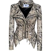 Fashion SX Womens Rivet Faux Leather Jacket Zipper Moto Biker Denim coat Motorcycle Outwear (XS, Snake Skin)