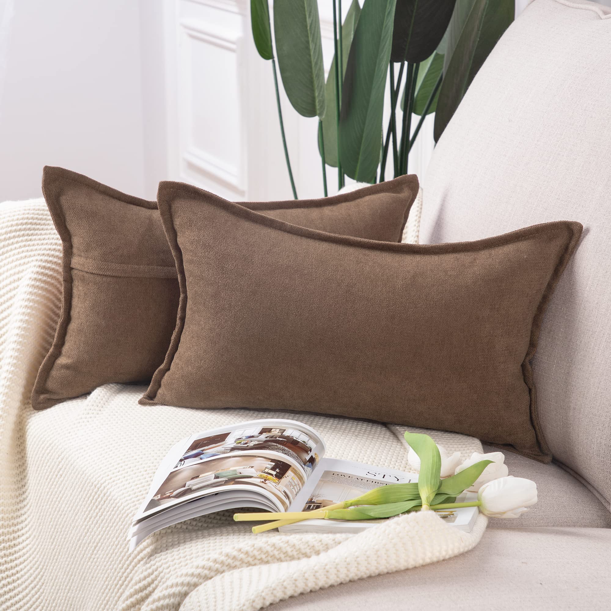 Madizz Set of 2 Short Chenille Throw Pillow Covers 12x20 Inch Brown Soft Decorative Cushion Cover for Sofa Bedroom Pillow Shell — image 1