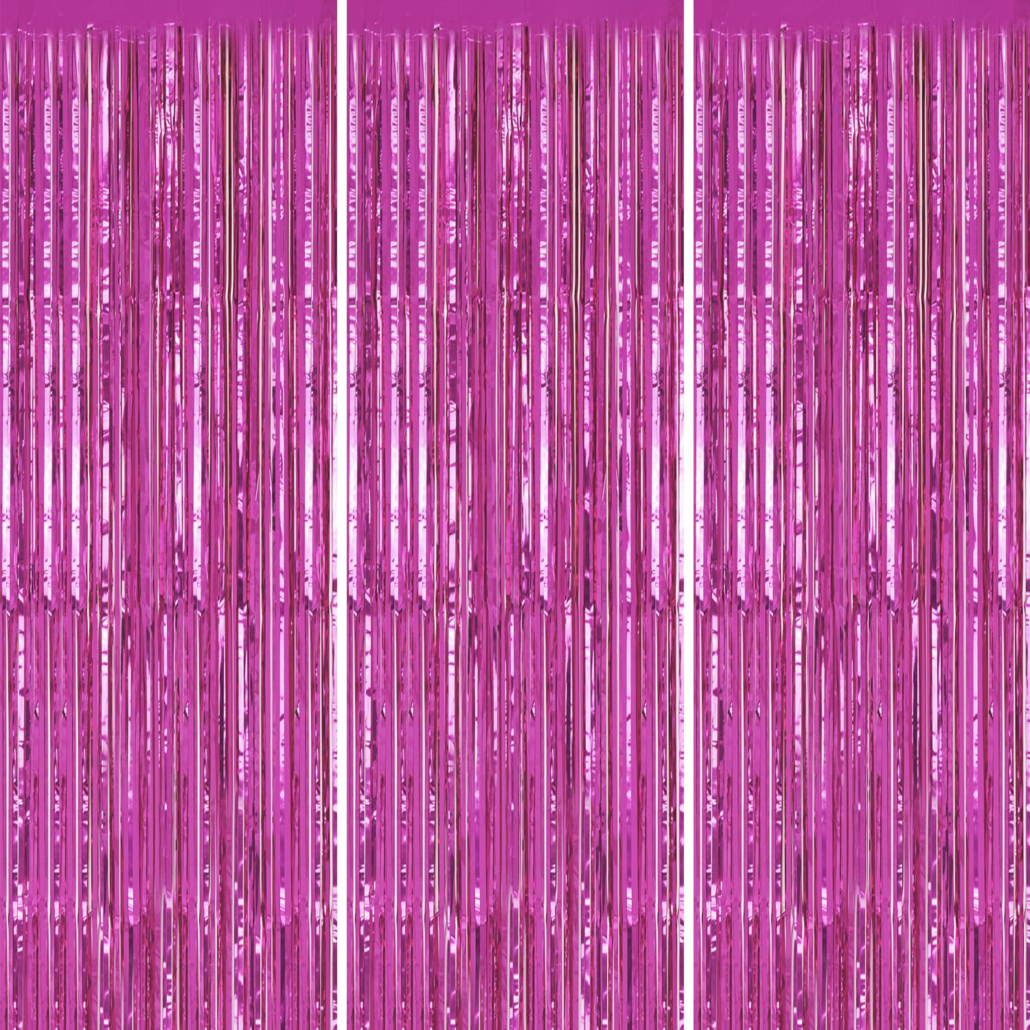Photo 1 of DECOCKRAT 3 Pack Foil Fringe Backdrop - Hot Pink Shiny Tinsel Curtains for Party Decoration/Photo Booth Props - 3.3x8.2 FT Metallic Foil Backdrop for Birthday, Wedding, Graduation, Christmas.