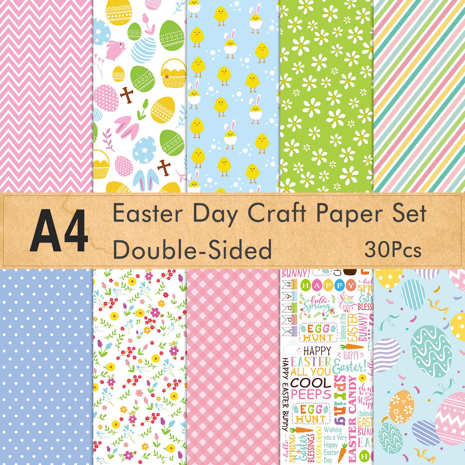 FEPITO 30 Sheets Easter Day Pattern Paper Set A4 Size Decorative Paper for Card Making Scrapbook Decoration, Double Side 10 Patterns