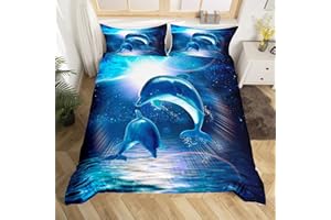 Feelyou Galaxy Bedding Set Dolphin Comforter Cover for Kids Adult Ocean Marine Themed Duvet Cover Sea Creatures Bedspread Cover Starry Sky Blue Brigh Room Decor 2Pcs with 1 Pillow Case Twin Size