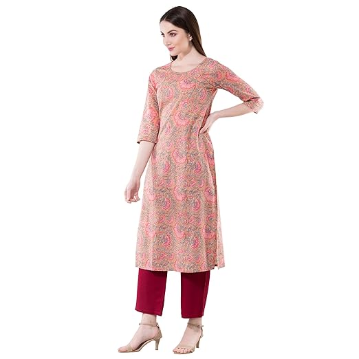 Women's Cotton Printed Kurta With Palazzo Set (Pink)