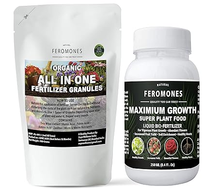 FEROMONES Combo of All Purpose Plant Food Granules 900 Grams and Maximum Growth Liquid Bio Fertilizer 250 ML - Fertilizer for Plants in Home Garden - Suitable for All Indoor Outdoor Plants