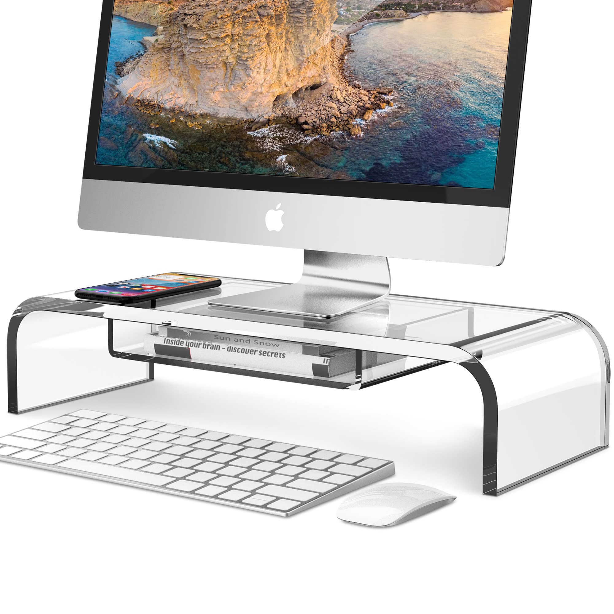 Photo 1 of DeskLogics Computer Acrylic Monitor Stand Riser with Storage - Larger Size Single Clear PC Desktop Monitor Holder for Desk, Keyboard Storage, Laptop, TV Screen, Home, Office, Gift Ideas
