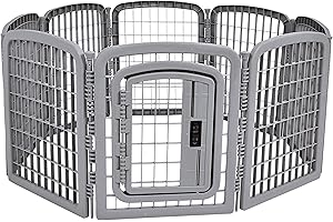 鶹 Basics 8-Panel Plastic Pet Pen Fence Enclosure With Gate - 152cm L x 148cm W x 71cm H, Grey