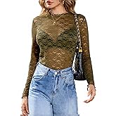 Totatuit Womens Lace Top Long Sleeve Floral Mesh Tops Sheer See Through Sexy Shirt Concert Outfits for Women