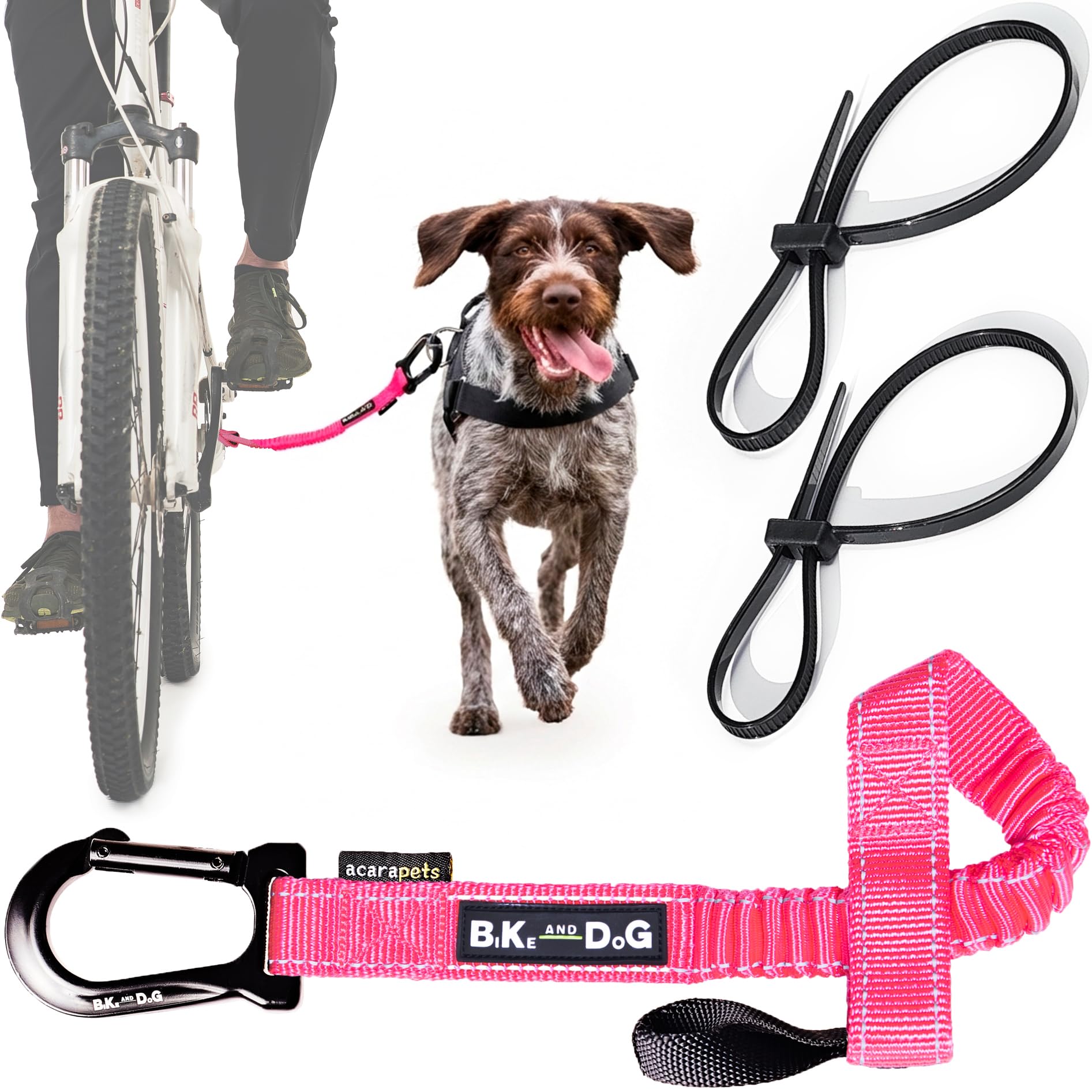 BIKE AND DOG - Bicycle dog leash, tool-free attachment, special harness option, includes 2 bike ties. Patented. (Pink) — image 1