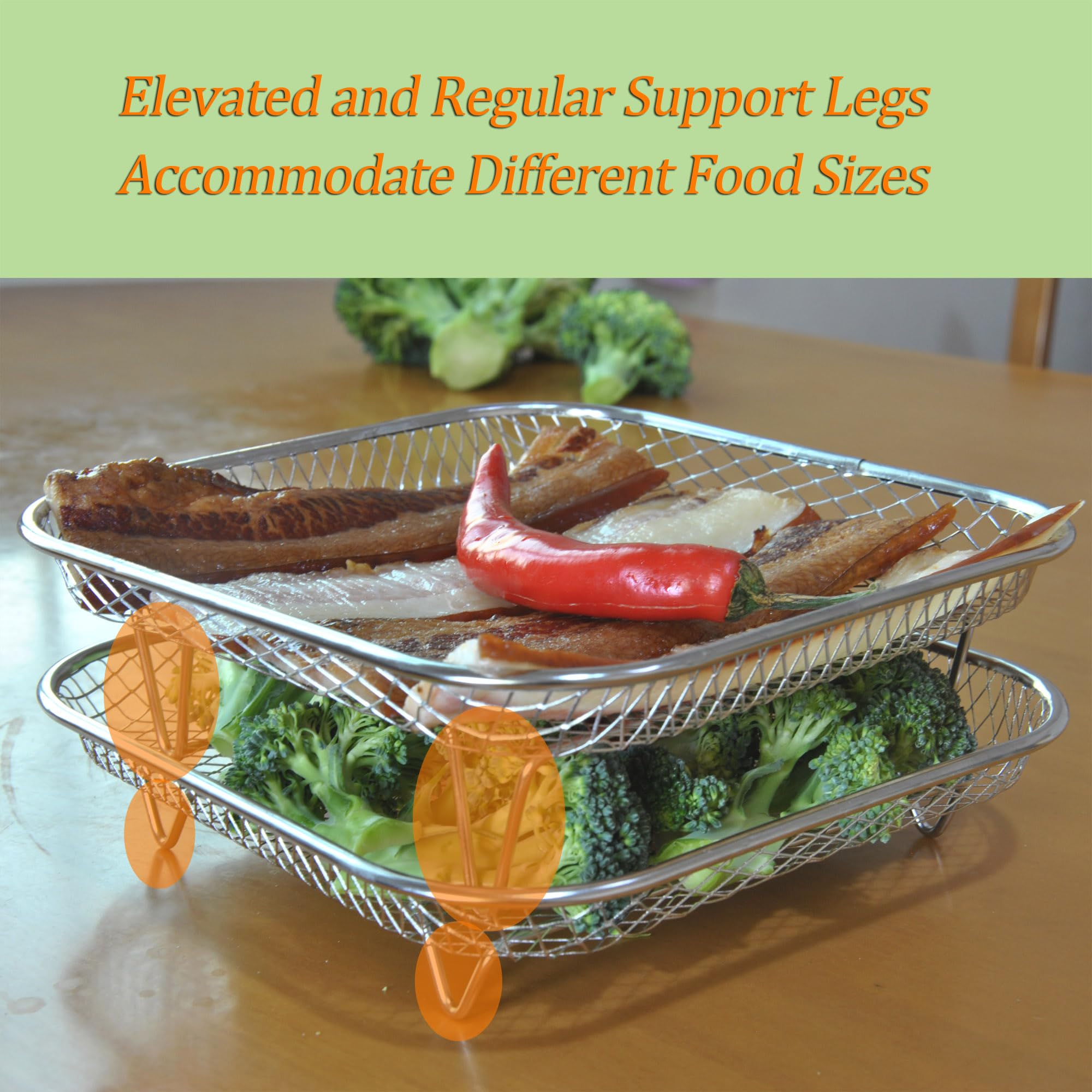 Dual-Layer Air Fryer Rack Set with Elevated and Regular Support Legs. 304 Stainless Steel Mesh Baskets, Square Air Fryer Accessories for Cosori, Instant Vortex, Chefman, Ninja Foodi Grill.