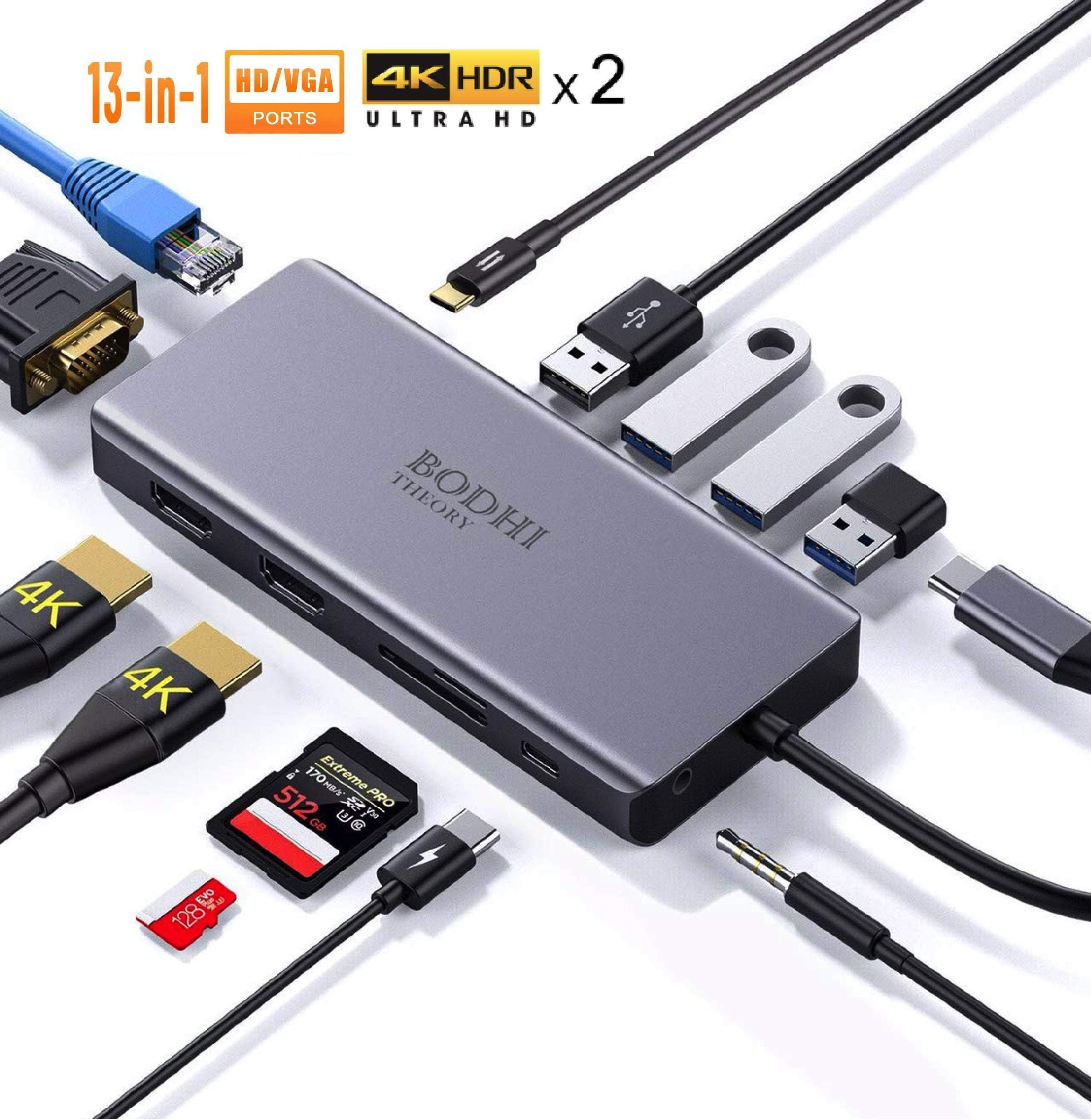USB C HUB 13-in-1 BodhiTheory Triple Display, Type C Adapter Docking Station with 2x4K Ultra HD, PD100W, Rj45, Audio, 2USB3.0, USB2.0, SDXC, MicroSD, VGA Compatible for MacBook, Other USB C Laptop