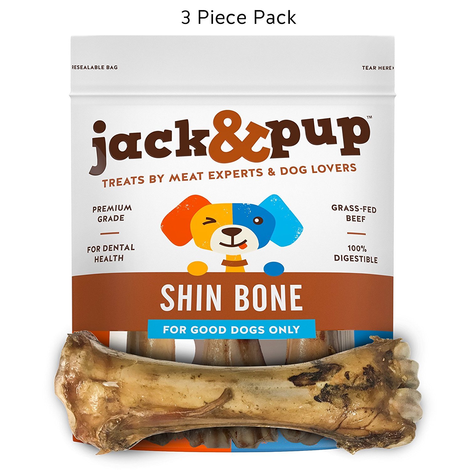 Jack&Pup Premium Grade Roasted Meaty Beef Shin Bone Dog Treats (3 Pack) – 8” Long Lasting All Natural Gourmet & Healthy Dog Bone Treat Chews – Savory Smoked Beef Flavor
