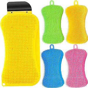 5 Pieces Silicone Sponge Set Includes 3-in-1 Kitchen Silicone Sponge Silicone Scrubber Scraper and 4 Pieces Silicone Sponge Dish Washing Sponge Multi-Functional Cleaning Brush for Kitchen Bathroom