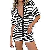 Saodimallsu Womens Crochet Swimsuit Coverup Summer 2 Piece Outfits Striped Knit Short Sleeve Button Shirts Shorts Sets