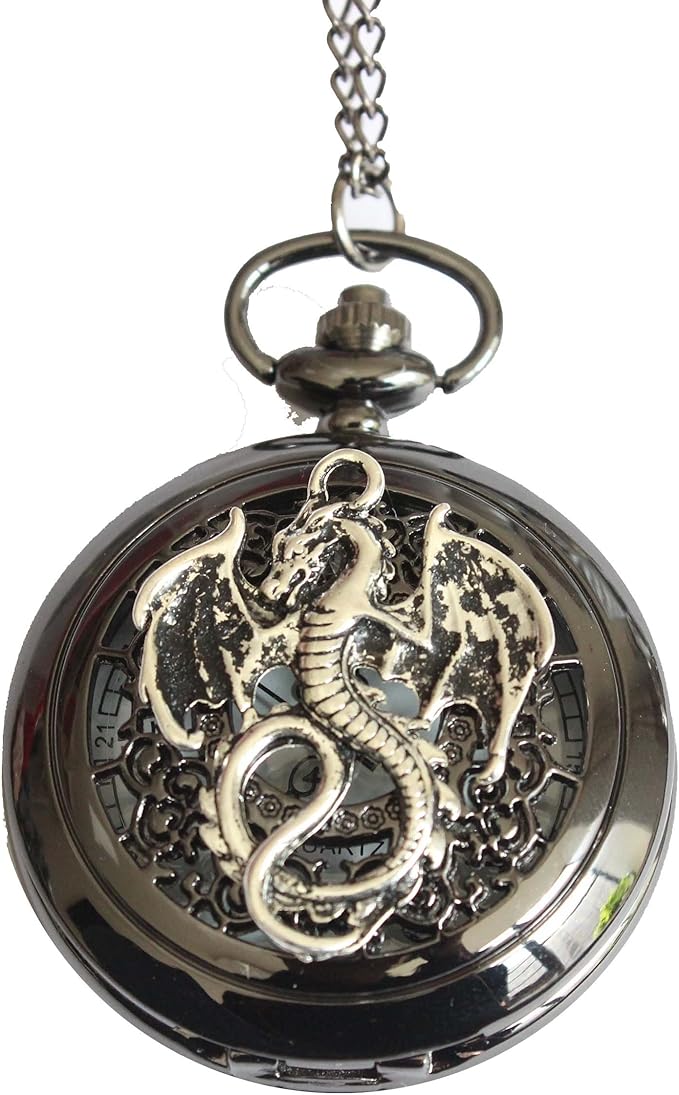 Dragon Black Pocket Watch with Chain, Men's Dragon Pocket