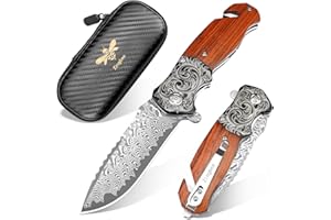 Zingbee Pocket Knife with Glass Breaker, EDC Damascus Folding Knife with Seatbelt Cutter, 3.35" VG10 Damascus Steel Blade Multitool Pocket Knives with Wood Handle