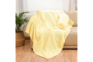 Bnuitland Light Yellow Flannel Throw with Storage Pouch,300GSM Super Soft Fleece Stripe Pattern Sofa Blanket for Babys and Kids, Lightweight Cozy Bed Throw for Home Decor All Season
