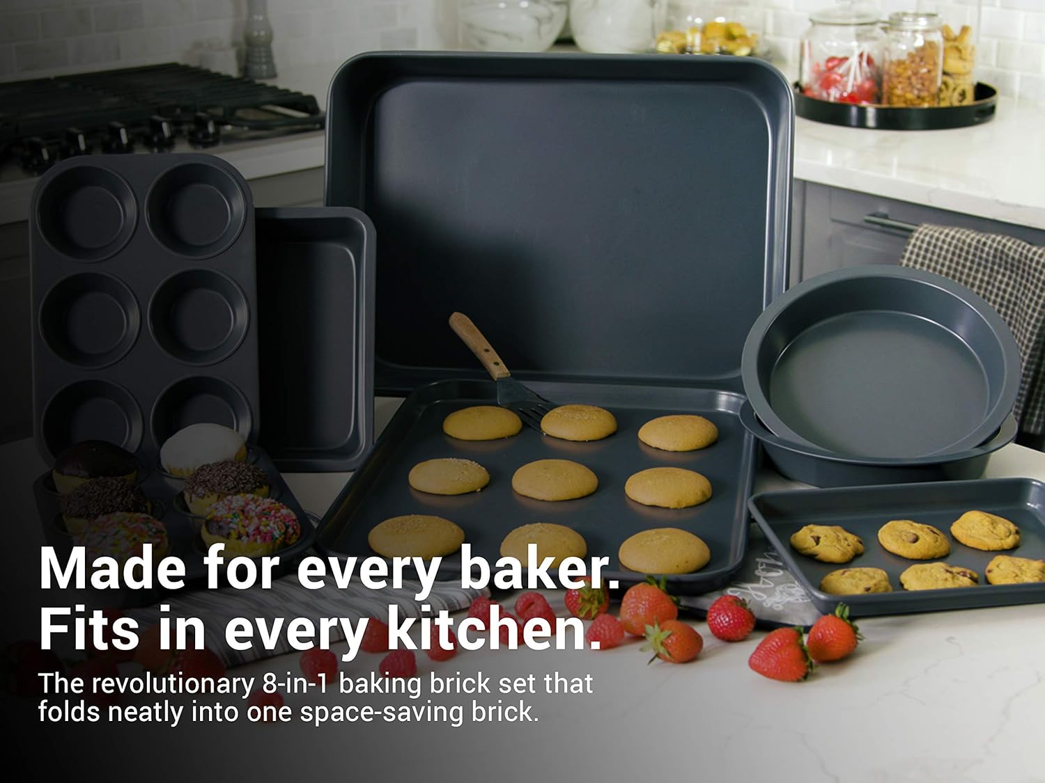 Elbee Home 8-Piece Stack 'n' Store Baking Set, Patented Space Saving Self Storage Design, Updated Aluminized Steel coating, : Kitchen & Dining