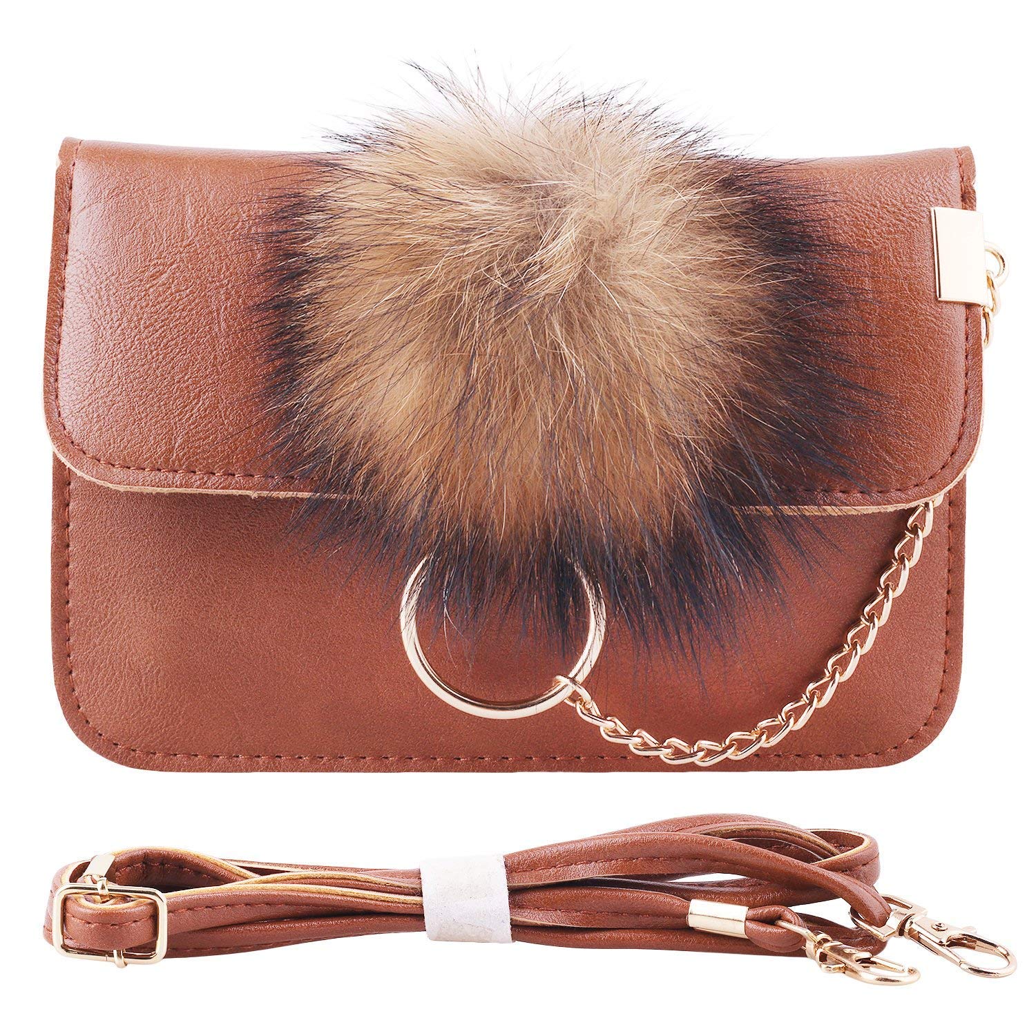 Cross Bag for Women, PU Leather Cell Phone Bag with Plush Ball Accessories Shoulder Bag Wallet for Girls