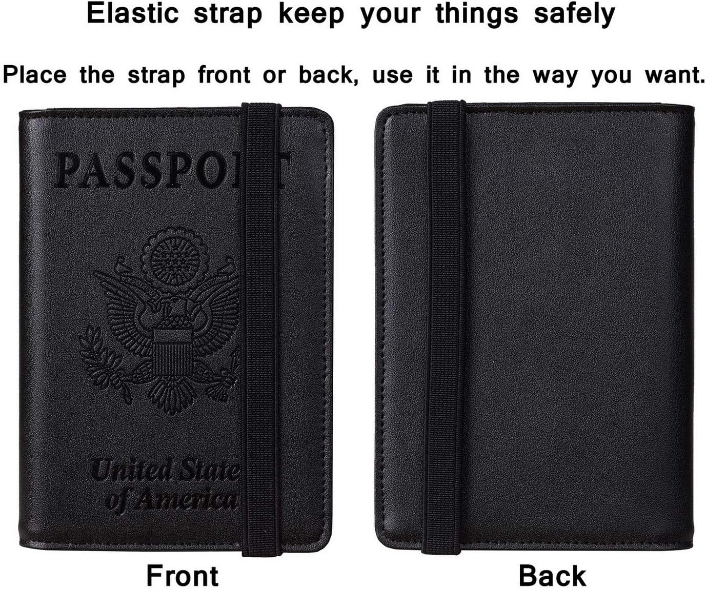  | Travelambo RFID Blocking Leather Passport Holder Cover Case Travel Wallet Elastic Strap(01 Black NP Black) | Passport Wallets