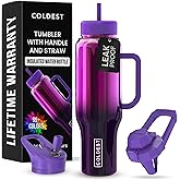 Coldest Tumbler with Handle and Straw - 100% Spill Proof Tumbler with Straw (3 Lids) - Stainless Steel Insulated Leakproof Tumblers for Women & Men - Cup Holder Friendly - 46 oz (Purple Nova)