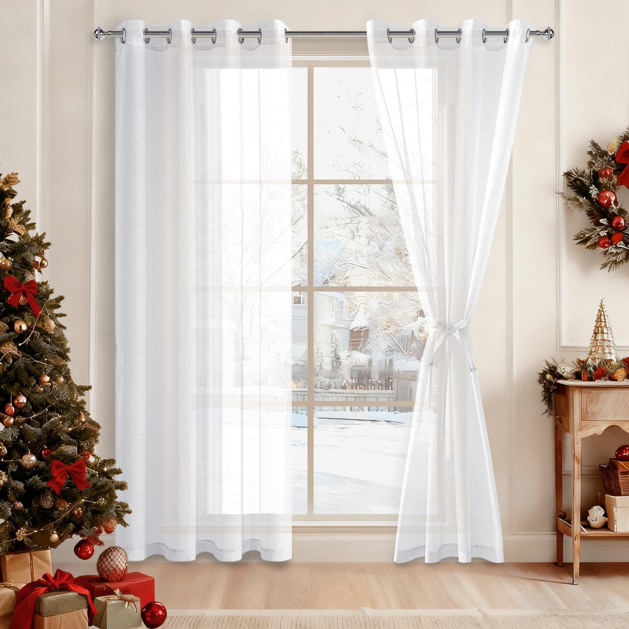 DWCN White Sheer Curtains with Tiebacks Semi Transparent Voile Curtains 81 Drop Pair for Bedroom and Living Room, 2 Panels, W56 x L81