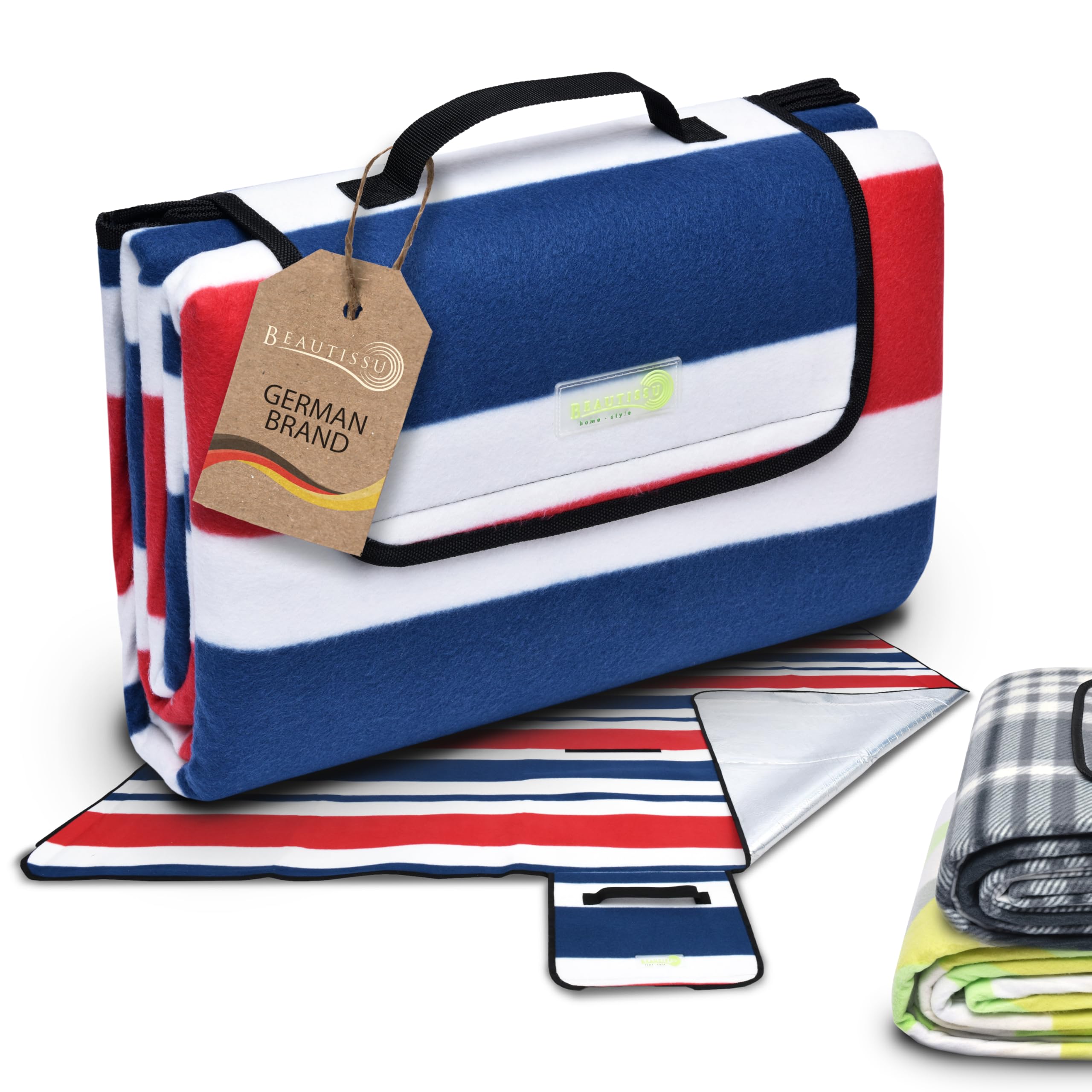 Beautissu Large Picnic Blanket Waterproof 200x200 cm Bella – Outdoor Beach Blanket Waterproof Sandproof Lightweight & Sandproof – Tent Carpet Picnic Mat Rug Camping Red & Blue