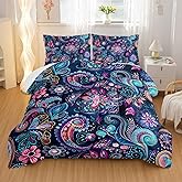 Nttopship Boho Floral Comforter Set Twin Size 3 PCS Paisley Flower Comforter Bed in a Bag Set Dark Blue Vintage Floral Boho Medallion Comforter Set for Kids Girls Teens Soft Microfiber Bedding Sets