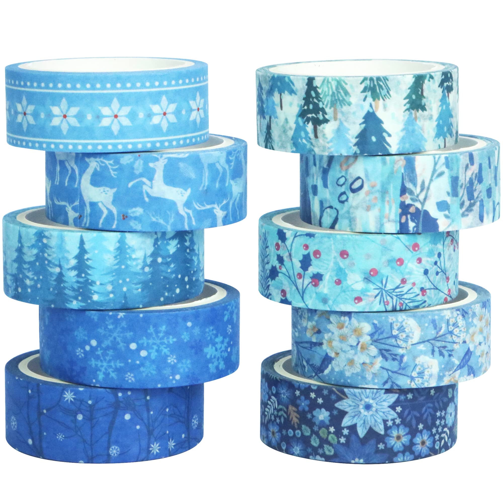 YUBX 10 Rolls Winter Washi Tape Set Blue Snowflake Masking Decorative Tapes (Winter Times)