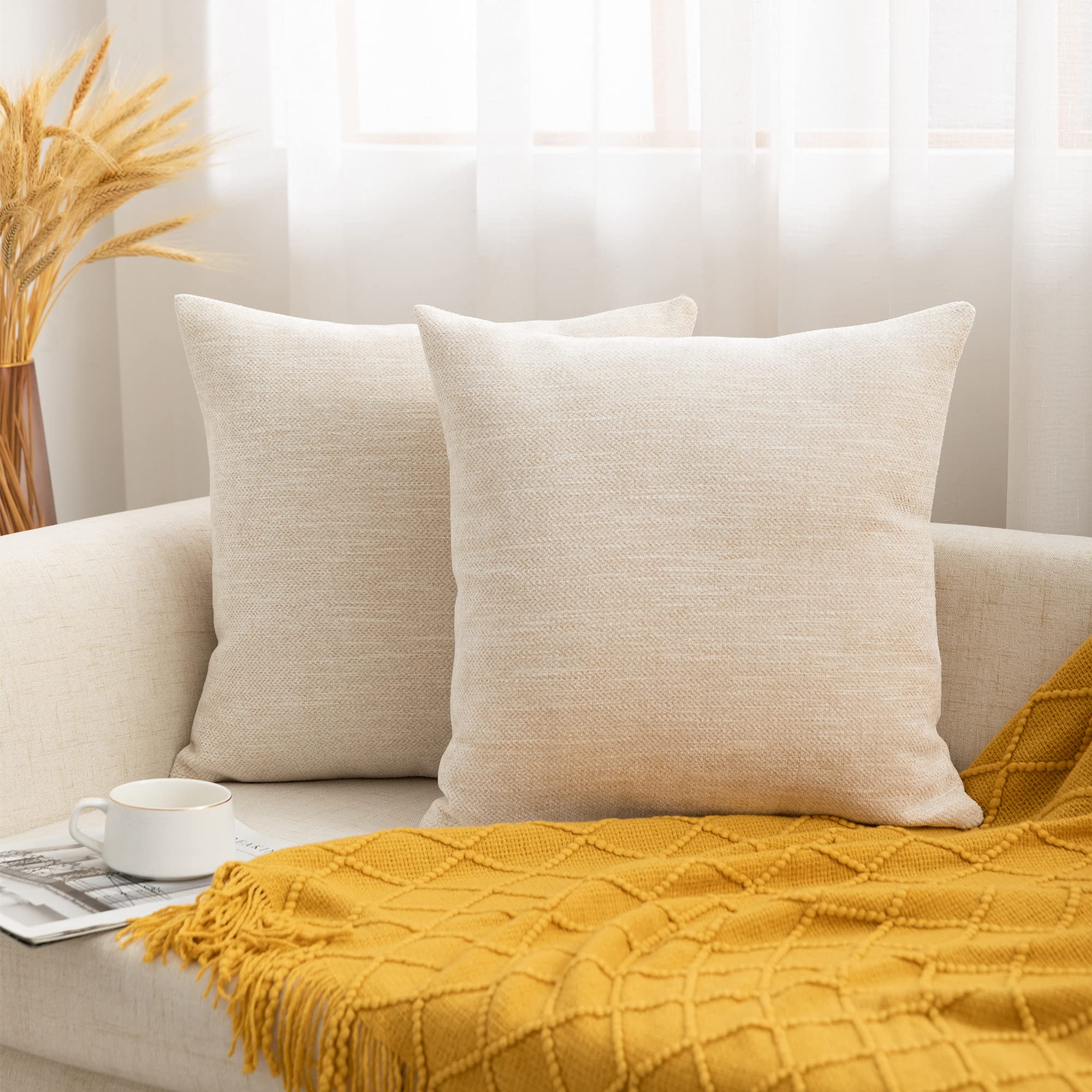 Nanhiking Chenille Cushion Cover White Decorative Throw Pillow Case for Couch Livingroom Home Sofa Chair Bedroom, 2 Pack 50x50CM