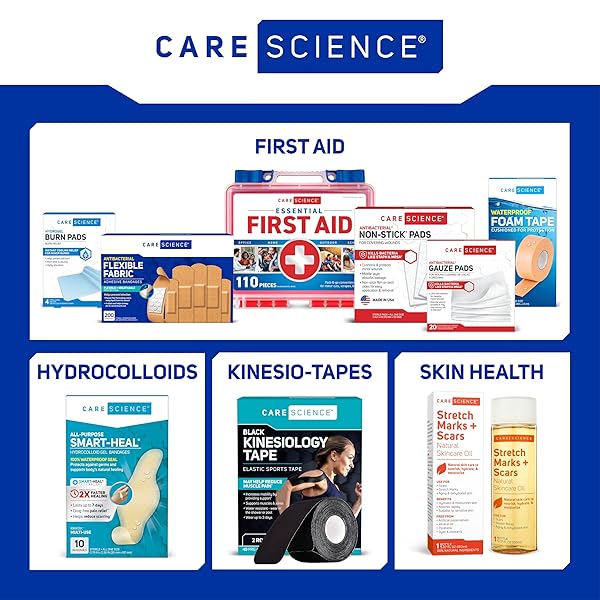 CARE SCIENCE FABRIC ADHESIVE BANDAGES, 100 CT ASSORTED SIZES | FLEXIBLE + BREATHABLE PROTECTION HELPS PREVENT INFECTION FOR FIRST AID AND WOUND CARE