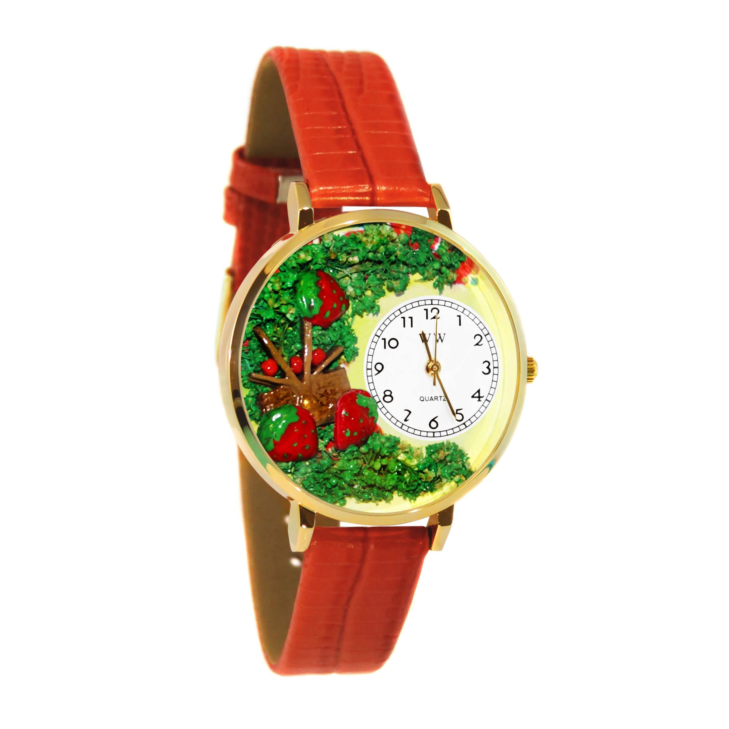Whimsical Watches Strawberries Red Leather and Goldtone Unisex Quartz Watch with White Dial Analogue Display and Multicolour Leather Strap G-1210006