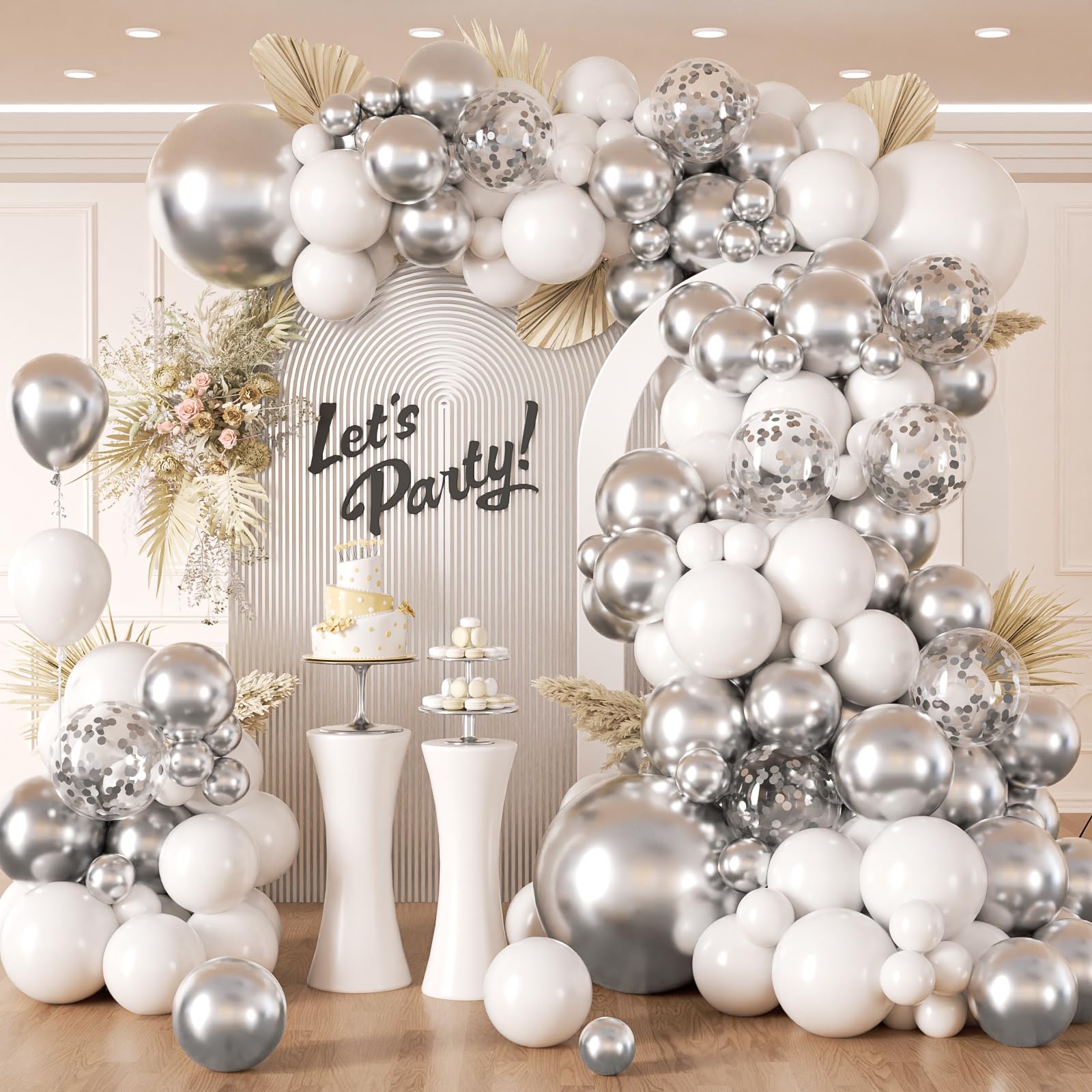 Photo 1 of 132pcs Silver and White Balloon Arch Kit, Metallic Silver and White Balloons Different Sizes of 18 12 10 Inch Balloons for Wedding Anniversary Baby Shower Graduation Birthday Party Decoration