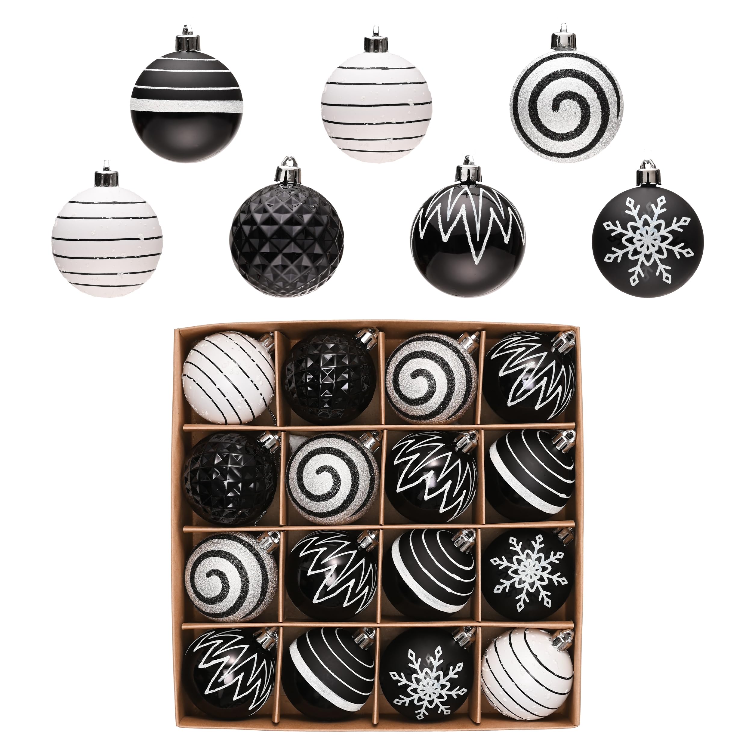 Valery Madelyn Christmas Halloween Tree Ornaments, 16ct Black and White Shatterproof Christmas Balls Decoration Set, 2.36 Inches Modern Hanging Tree Ornament Bulk for Xmas Holiday Party Decor
