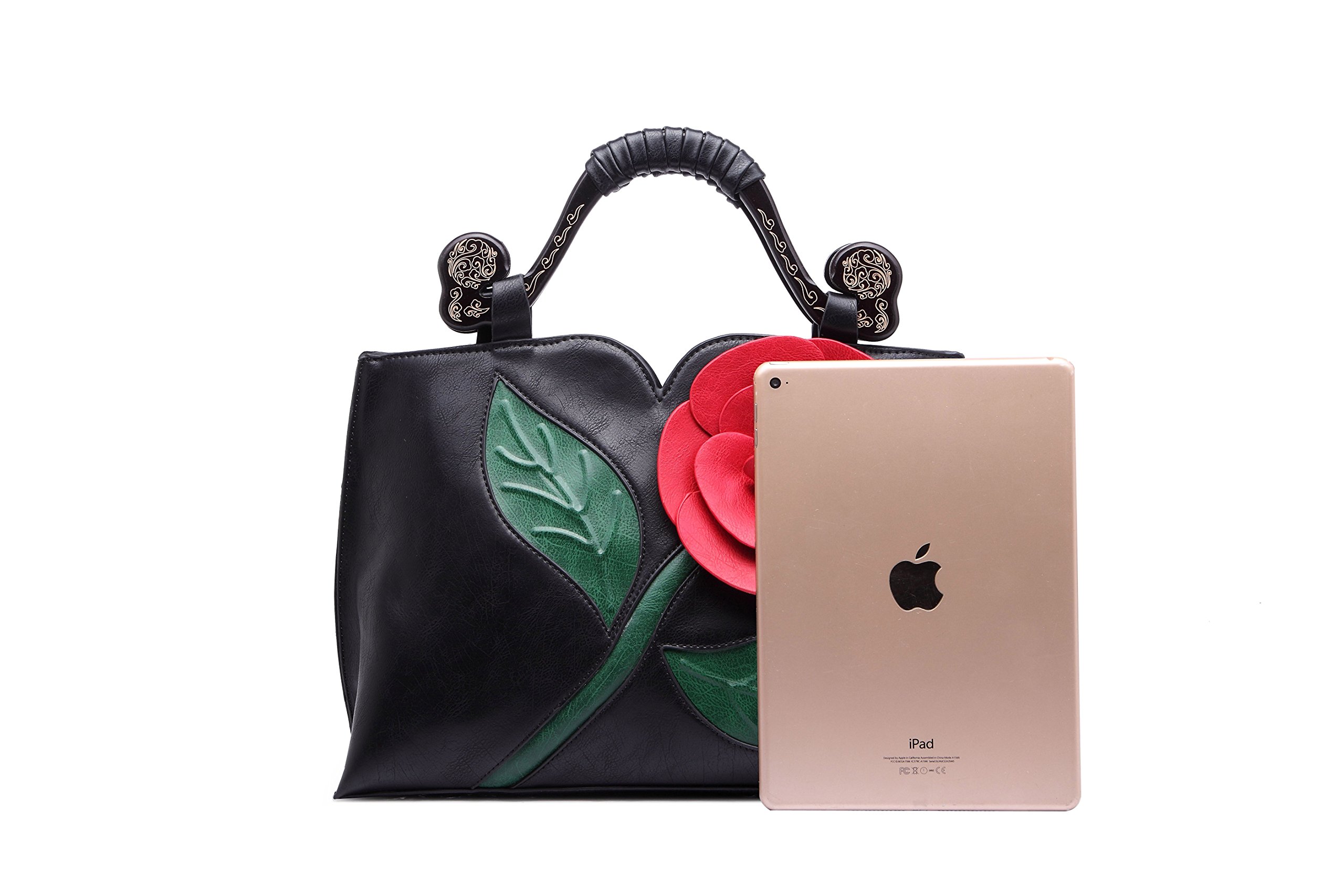 Ruiatoo Women\'s Purses and Handbags Classic Rose Ladies National Wind Shoulder Bag PU Leather Satchel Black