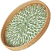 Round Rattan Serving Tray - Natural Handmade Woven Basket Trays with Mother of Pearl Inlay with Wooden Base Decorative Wicker Basket for Table Decor, Home Storage Display of Bread, Coffee, Fruit